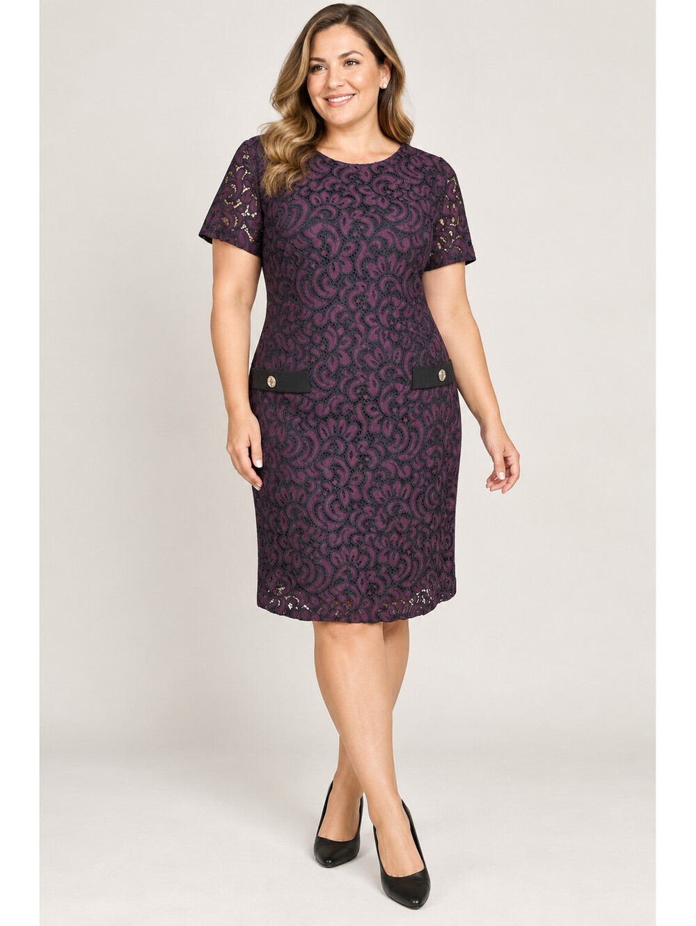 Tommy Hilfiger Womens Sz 14 Purple Black Lace Sheath Dress Short Sleeve Cocktail